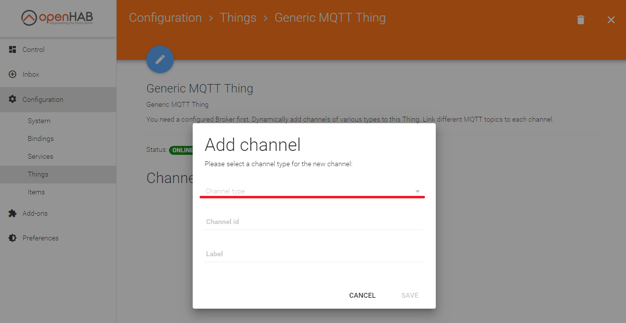 Настройка MQTT Channel type